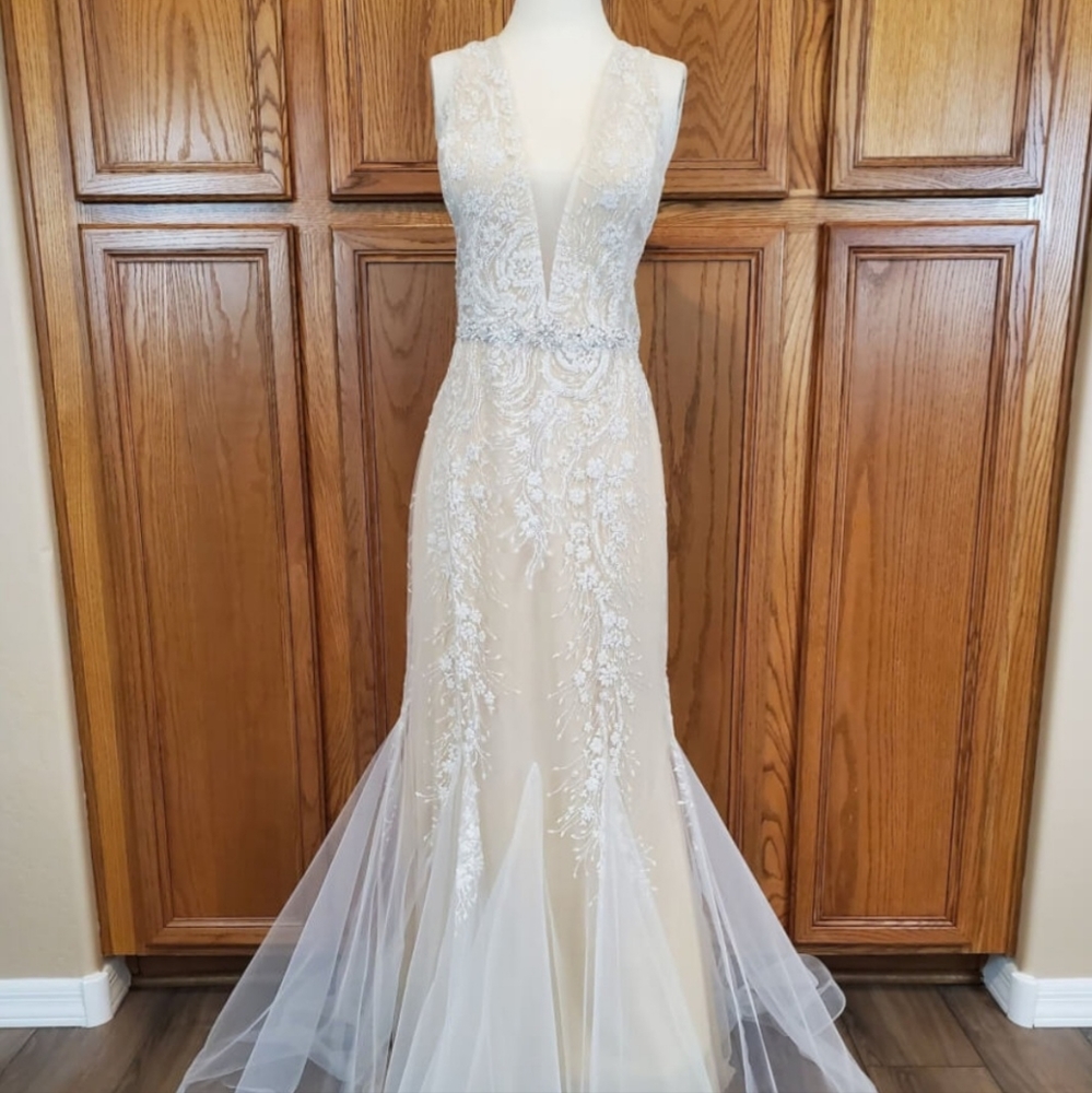 Champagne Plunging Neckline Beaded Mermaid Wedding Dress Size XL NEW